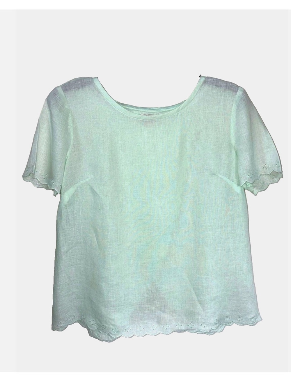 J Crew 100% Linen Blouse Womens 0 Mint Green Scalloped Eyelet Wrap Back Top